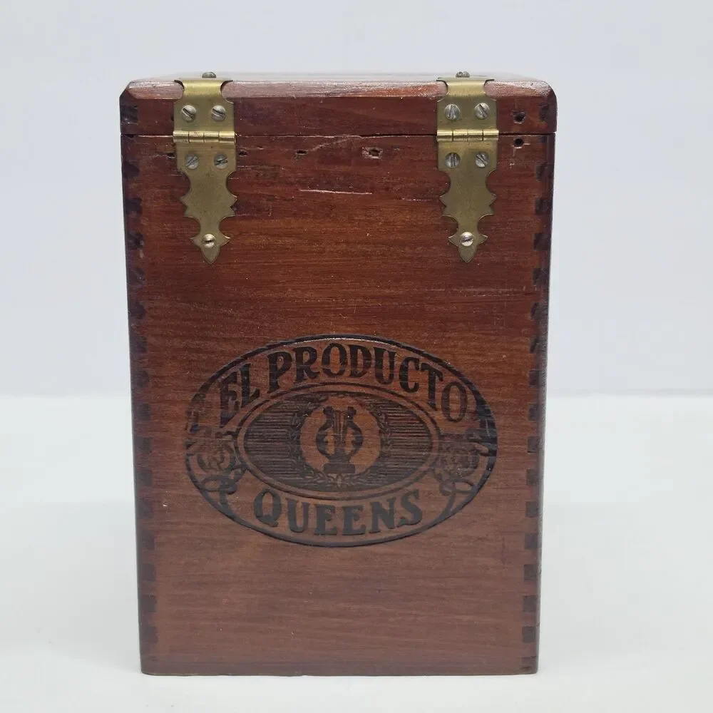 Vintage El Producto Queens Wooden Empty Cigar Box Storage Asymmetrical Lid